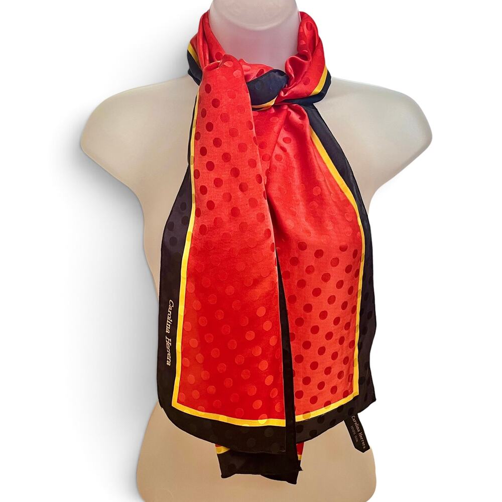 Carolina Herrera Vintage Red Yellow Polka Dot Jacquard Silk Rectangle Long Scarf